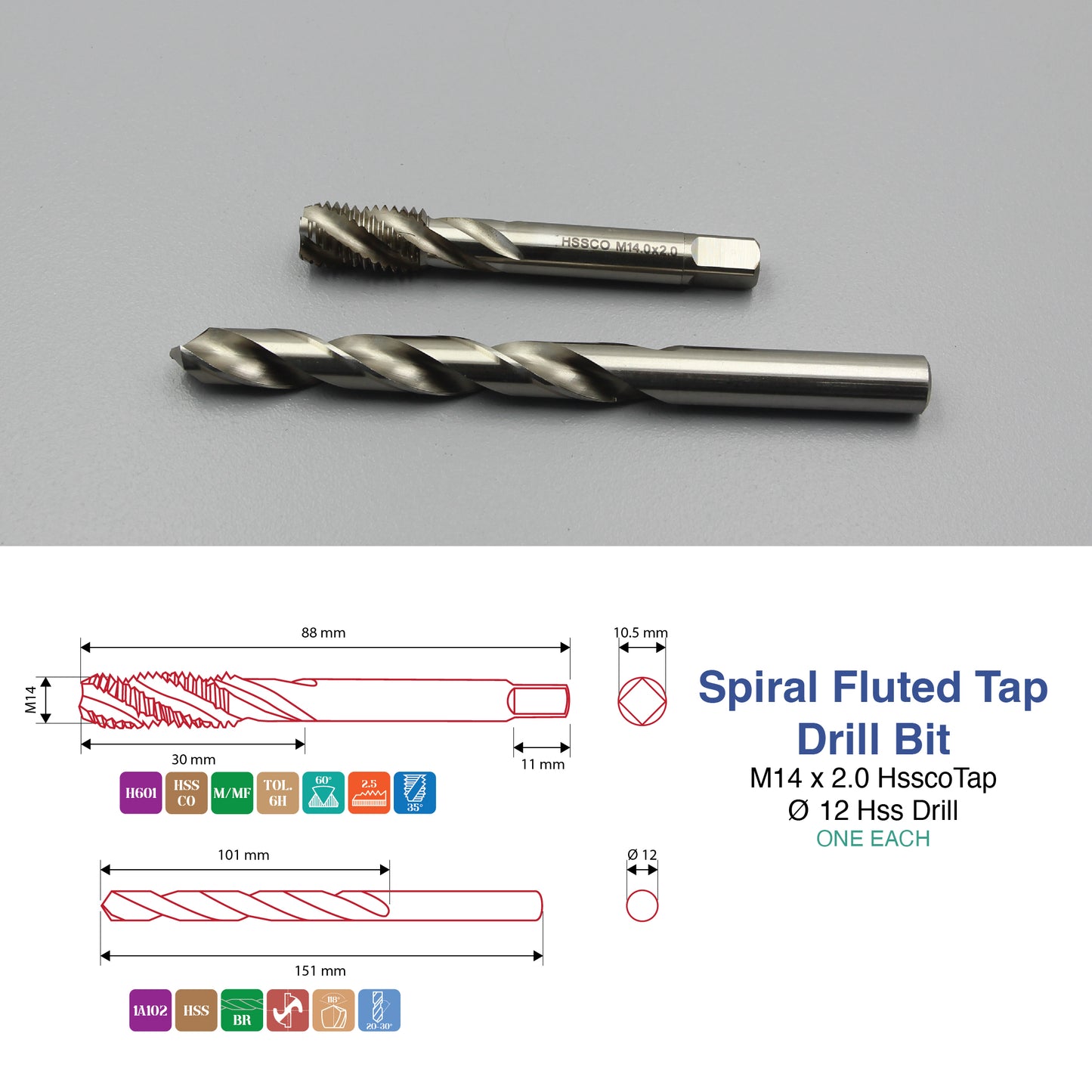 M3 M4 M5 M6 M8 M10 M12 M14 M16 | Machine Spiral Tap & Drill Bit Set | HSS HSSCO