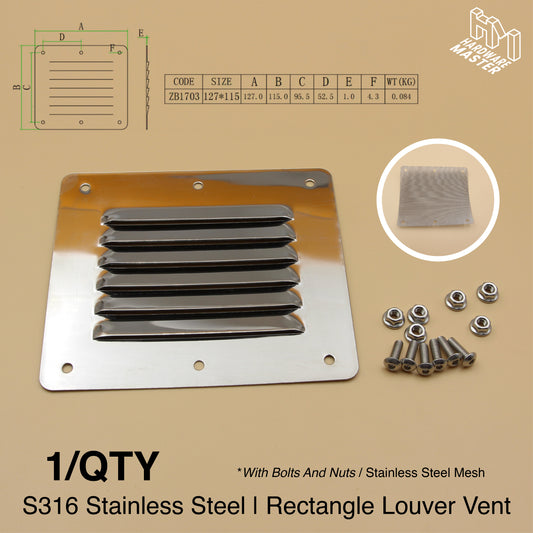 127 × 115 mm Stainless Steel Rectangle Vent – Marine Grade S316 | Ute, Caravan, Boat