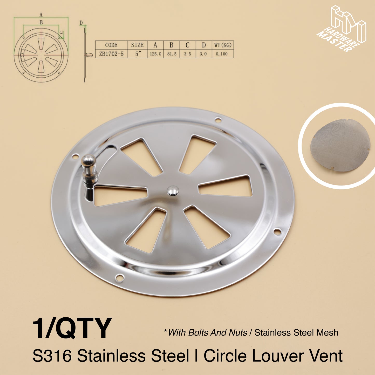 125mm Stainless Steel Closable Round Vent – Marine Grade S316 | Boat, RV, Caravan, 4x4