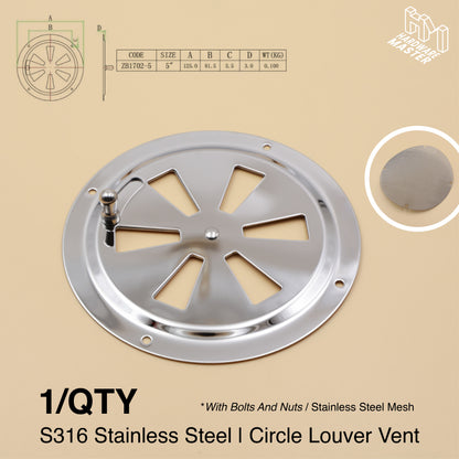 125mm Stainless Steel Closable Round Vent – Marine Grade S316 | Boat, RV, Caravan, 4x4