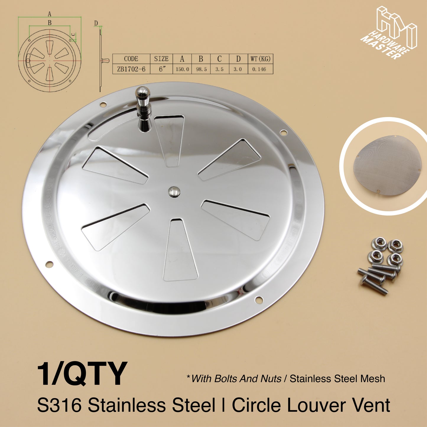 150mm Stainless Steel Closable Round Vent – Marine Grade S316 | Boat, RV, Caravan, 4x4